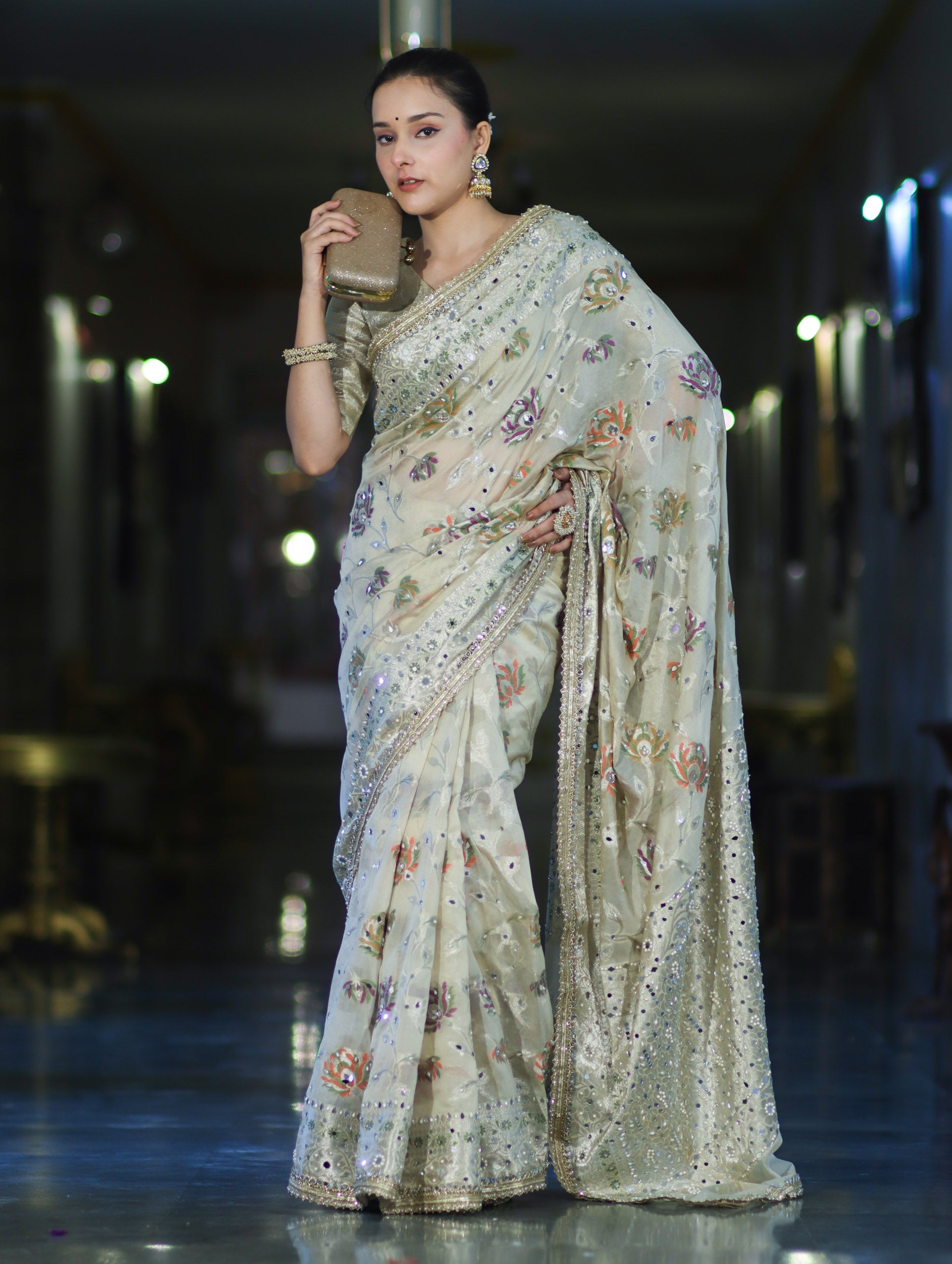 Banarasee Semi Chiffon Hand Embroidered Saree With Pearl Motifs & Resham Zari Work-Cream