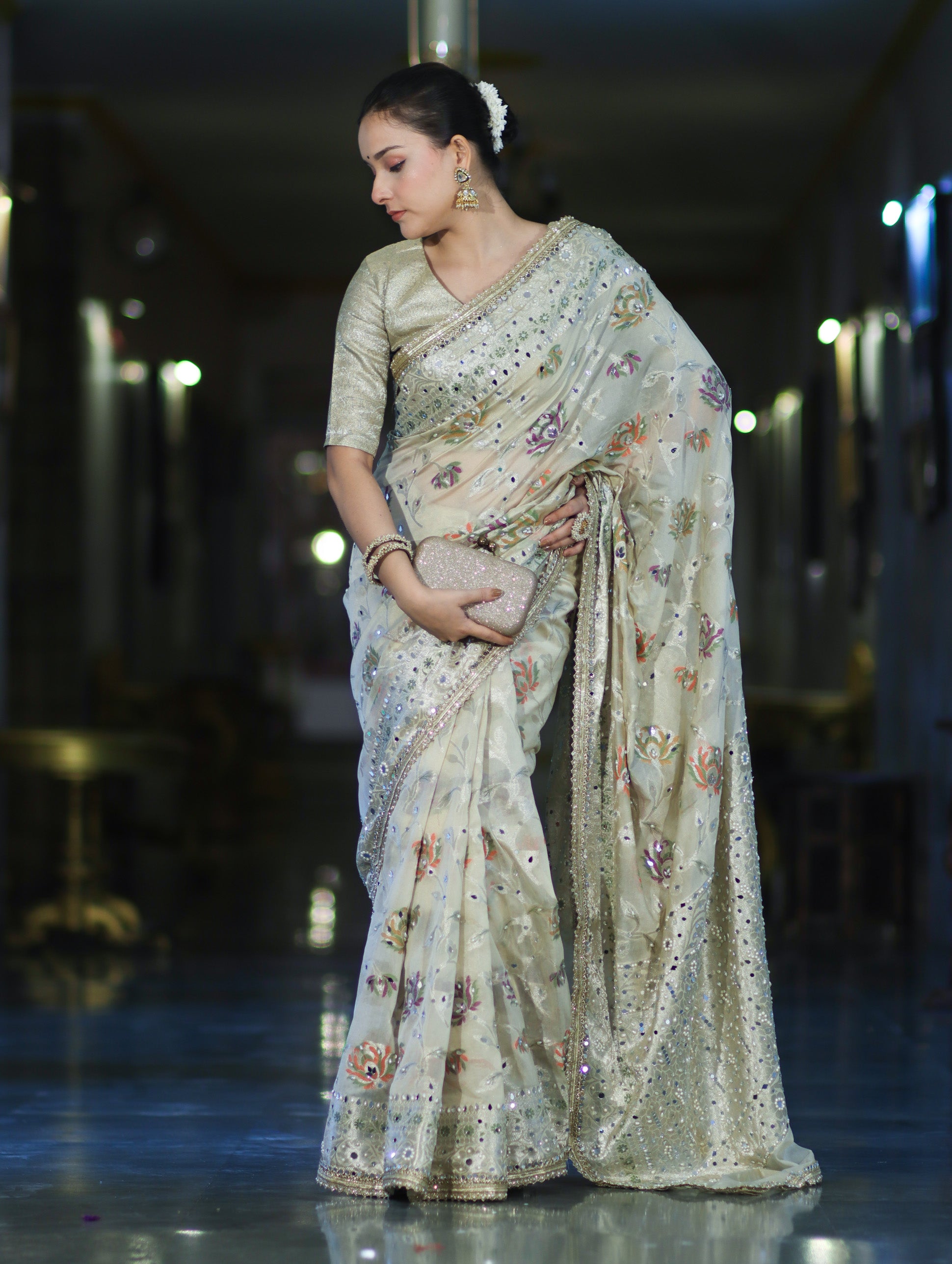 Banarasee Semi Chiffon Hand Embroidered Saree With Pearl Motifs & Resham Zari Work-Cream