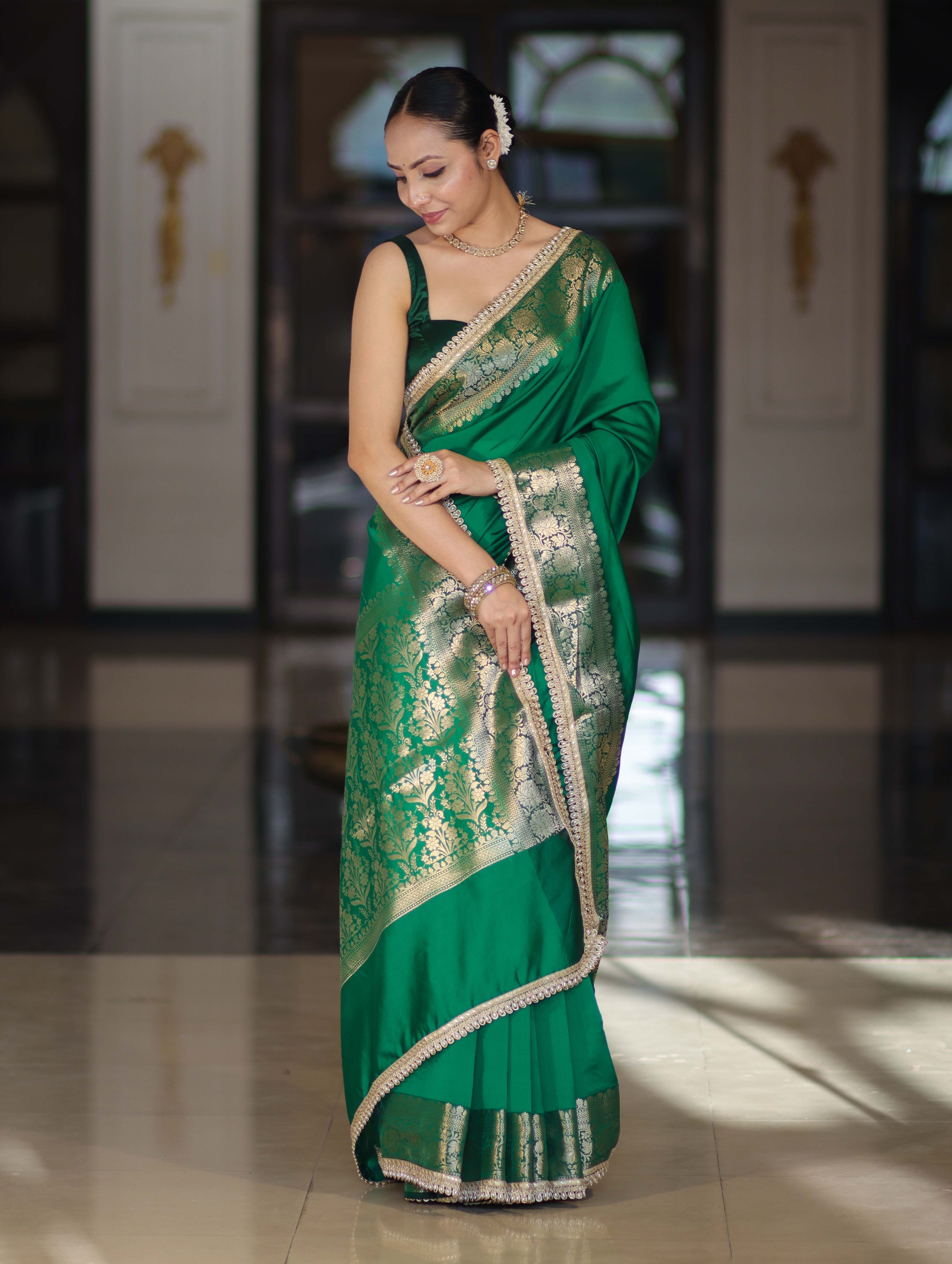 Banarasee Handloom Semi Silk Plain Saree With Zari Border & Lace-Green