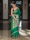 Banarasee Handloom Semi Silk Plain Saree With Zari Border & Lace-Green