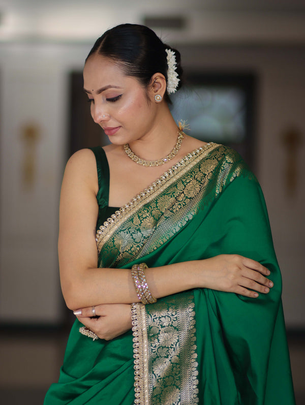 Banarasee Handloom Semi Silk Plain Saree With Zari Border & Lace-Green