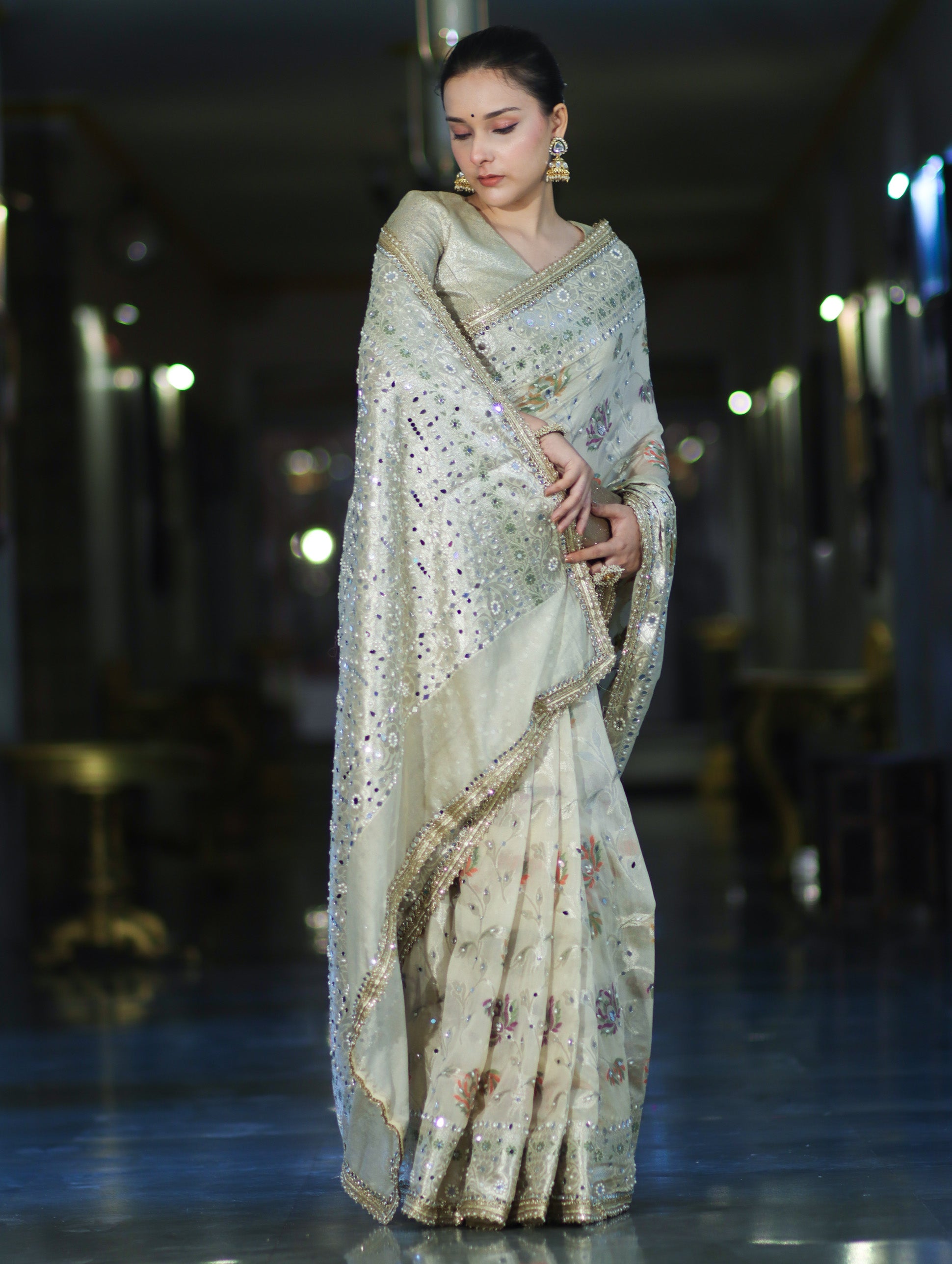Banarasee Semi Chiffon Hand Embroidered Saree With Pearl Motifs & Resham Zari Work-Cream