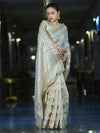 Banarasee Semi Chiffon Hand Embroidered Saree With Pearl Motifs & Resham Zari Work-Cream