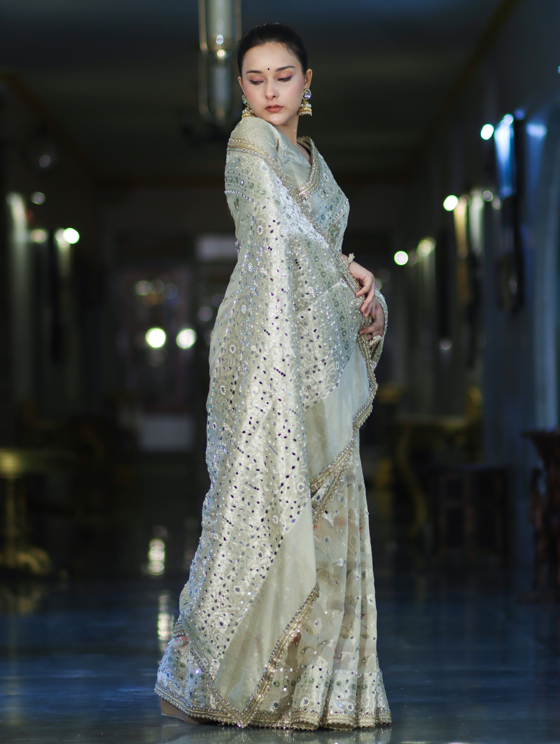 Banarasee Semi Chiffon Hand Embroidered Saree With Pearl Motifs & Resham Zari Work-Cream