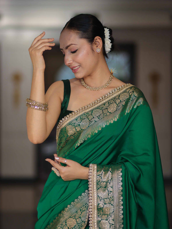 Banarasee Handloom Semi Silk Plain Saree With Zari Border & Lace-Green
