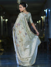 Banarasee Semi Chiffon Hand Embroidered Saree With Pearl Motifs & Resham Zari Work-Cream