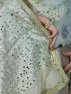 Banarasee Semi Chiffon Hand Embroidered Saree With Pearl Motifs & Resham Zari Work-Cream