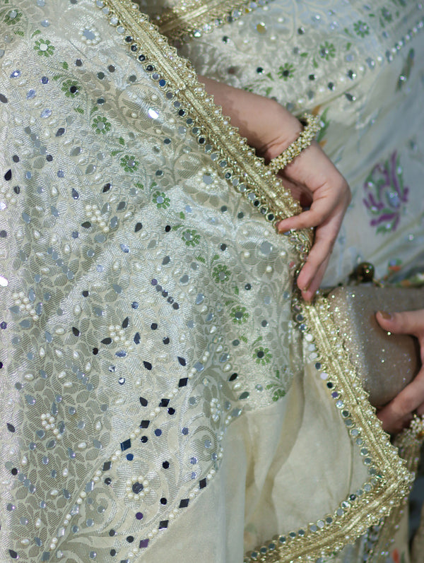 Banarasee Semi Chiffon Hand Embroidered Saree With Pearl Motifs & Resham Zari Work-Cream