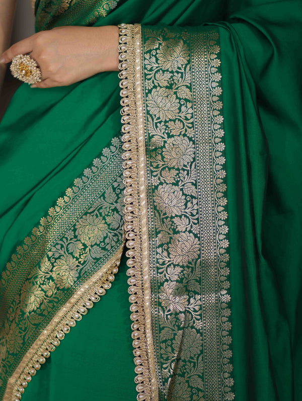 Banarasee Handloom Semi Silk Plain Saree With Zari Border & Lace-Green