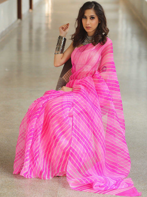 Banarasee Pure Organza Silk Hand-Dyed Leheriya Saree-Pink