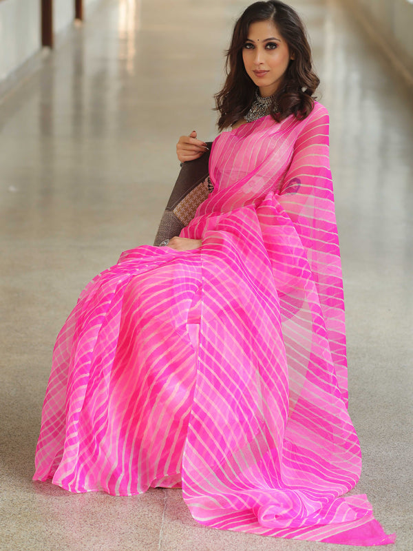 Banarasee Pure Organza Silk Hand-Dyed Leheriya Saree-Pink
