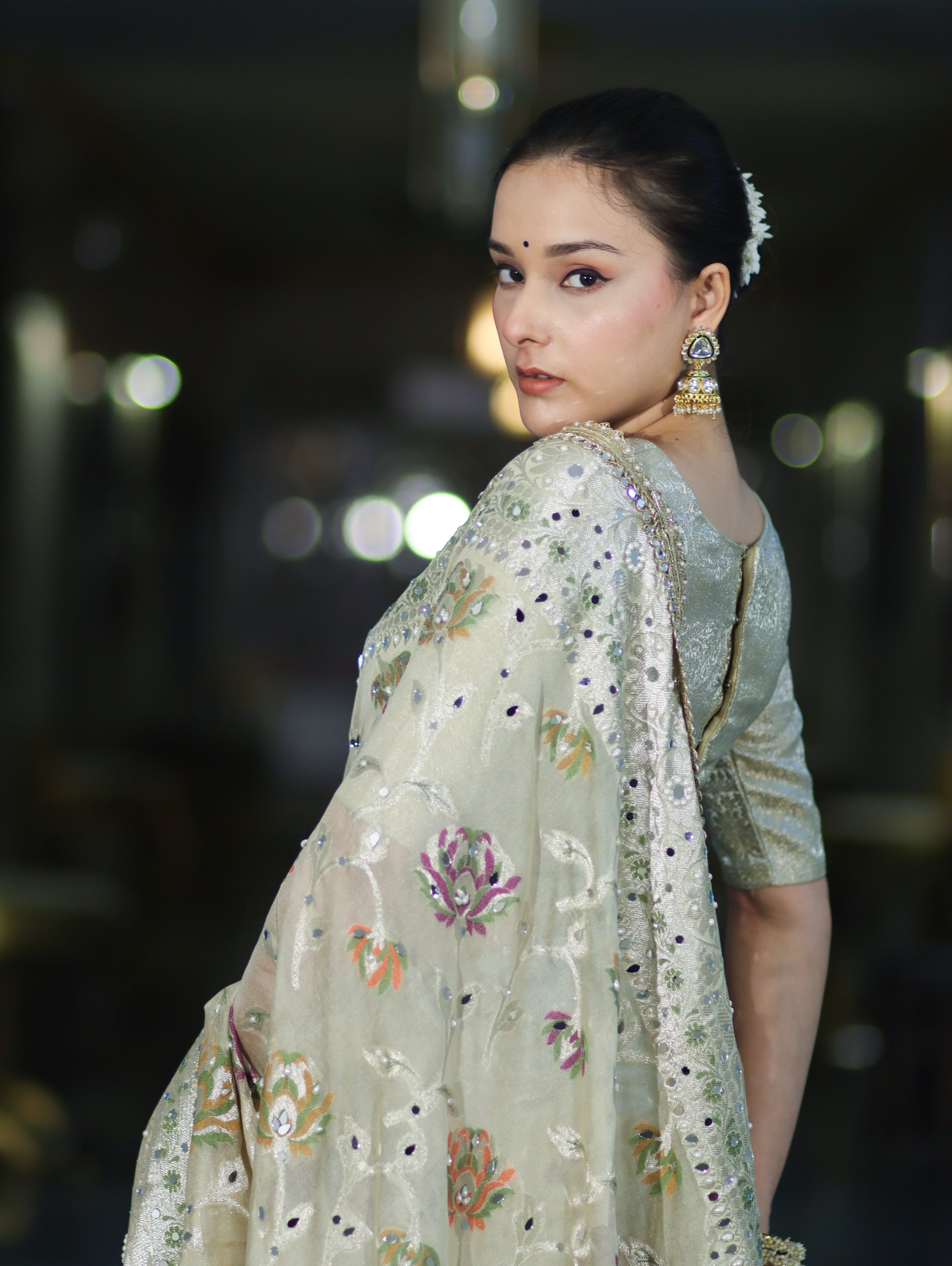 Banarasee Semi Chiffon Hand Embroidered Saree With Pearl Motifs & Resham Zari Work-Cream
