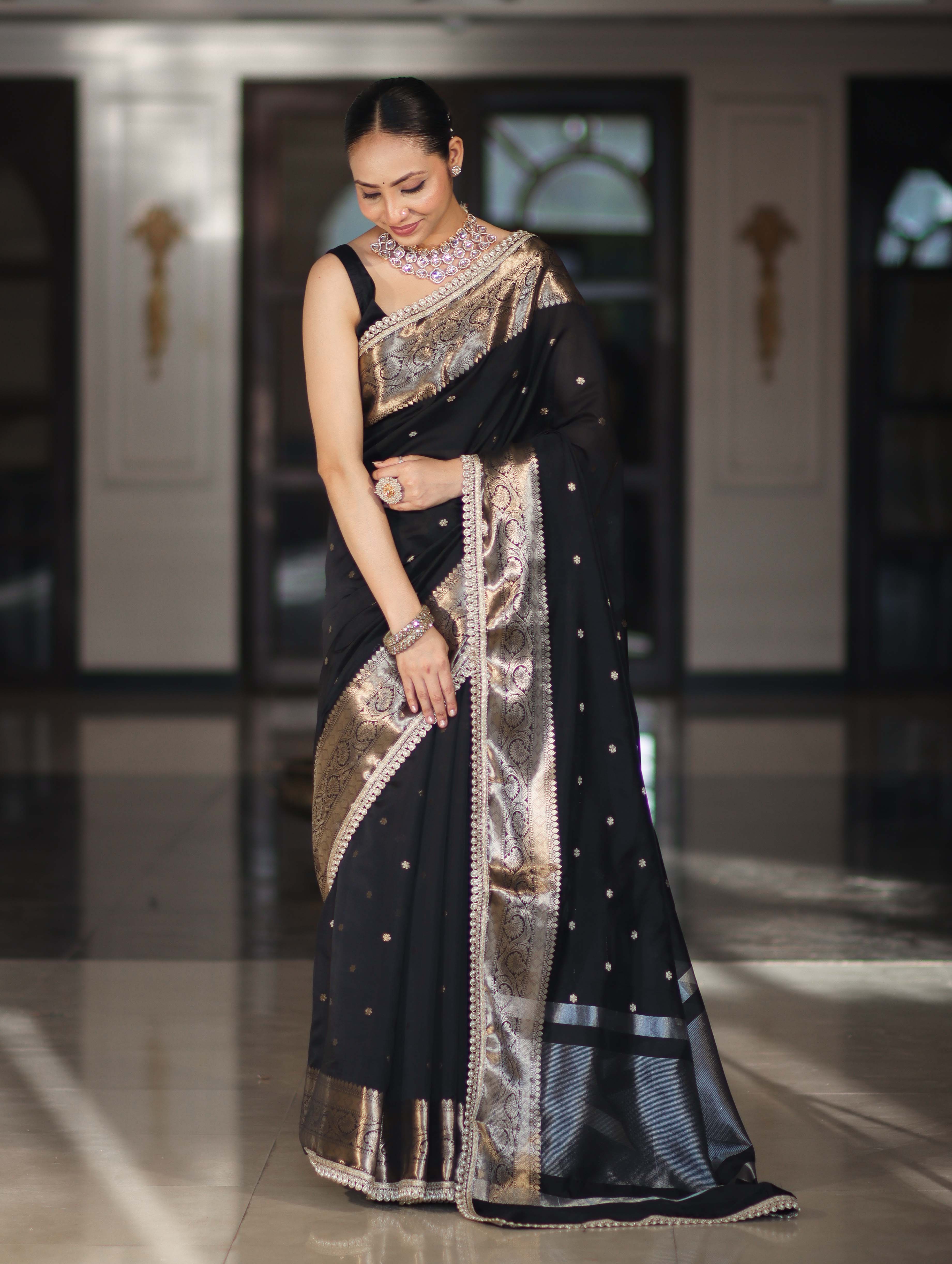 Banarasee Handloom Semi Silk Saree With Buti Design Zari Border & Lace-Black