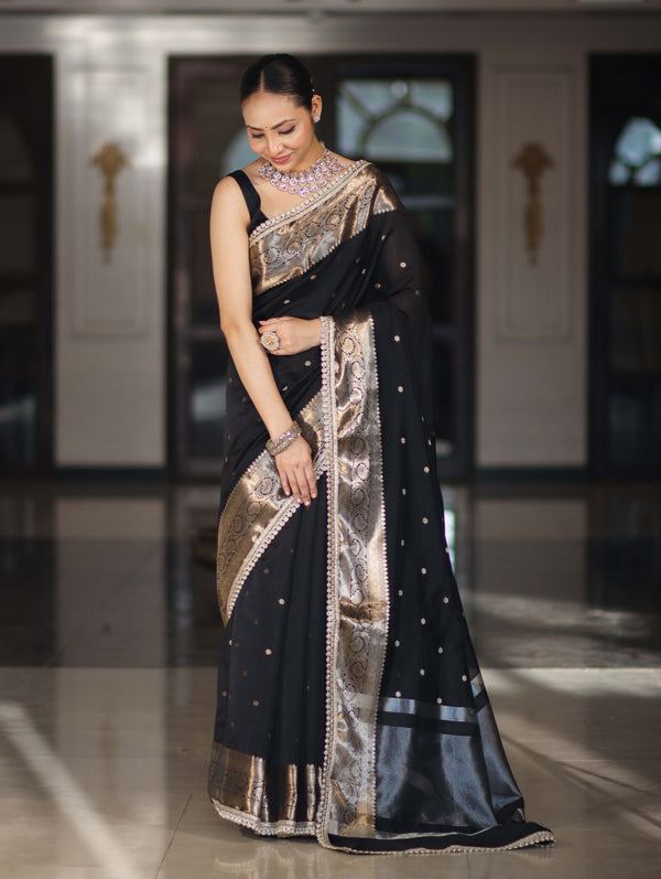 Banarasee Handloom Semi Silk Saree With Buti Design Zari Border & Lace-Black