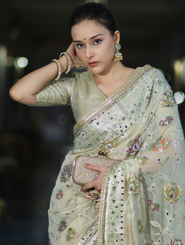 Banarasee Semi Chiffon Hand Embroidered Saree With Pearl Motifs & Resham Zari Work-Cream