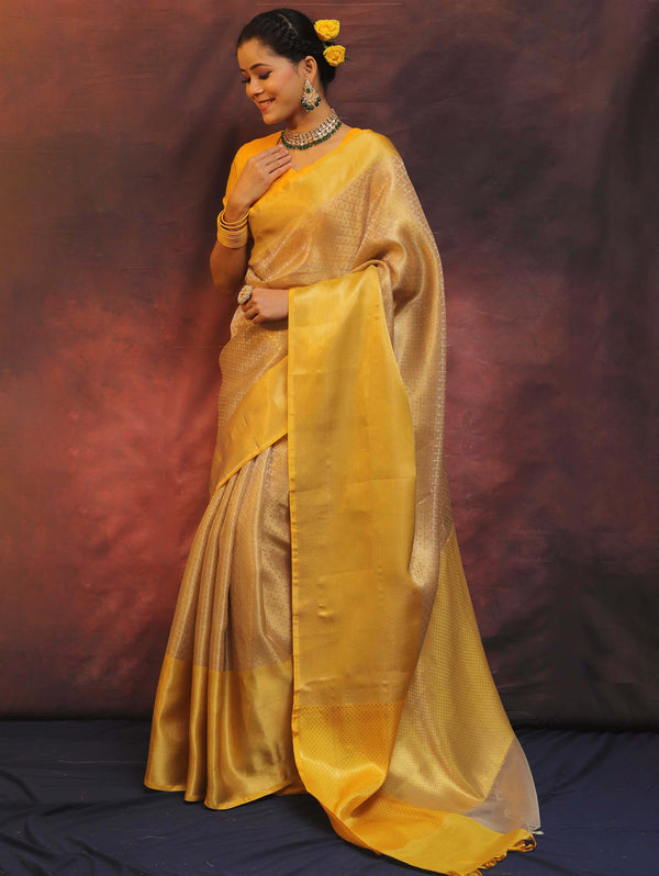 Banarasee Handwoven Gold Zari Tissue Saree-Gold & Yellow