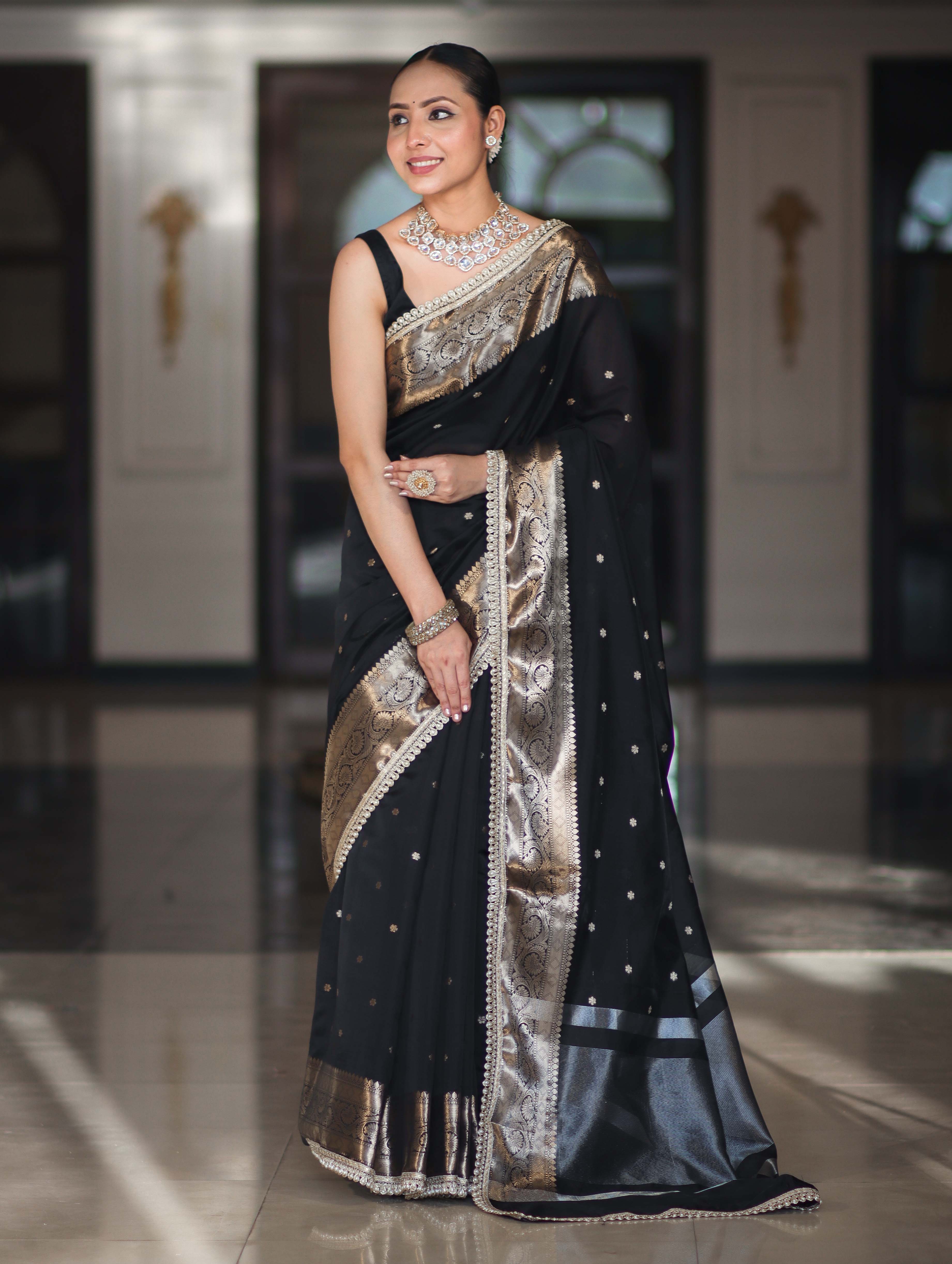 Banarasee Handloom Semi Silk Saree With Buti Design Zari Border & Lace-Black
