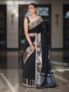 Banarasee Handloom Semi Silk Saree With Buti Design Zari Border & Lace-Black