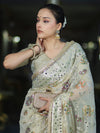 Banarasee Semi Chiffon Hand Embroidered Saree With Pearl Motifs & Resham Zari Work-Cream