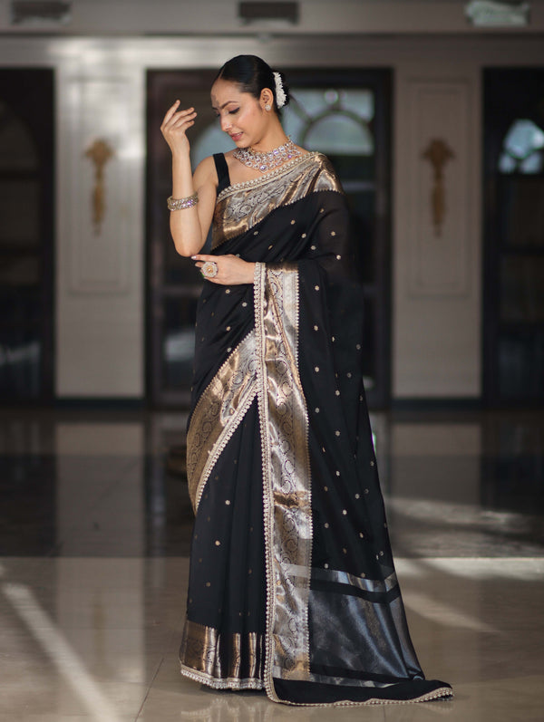Banarasee Handloom Semi Silk Saree With Buti Design Zari Border & Lace-Black