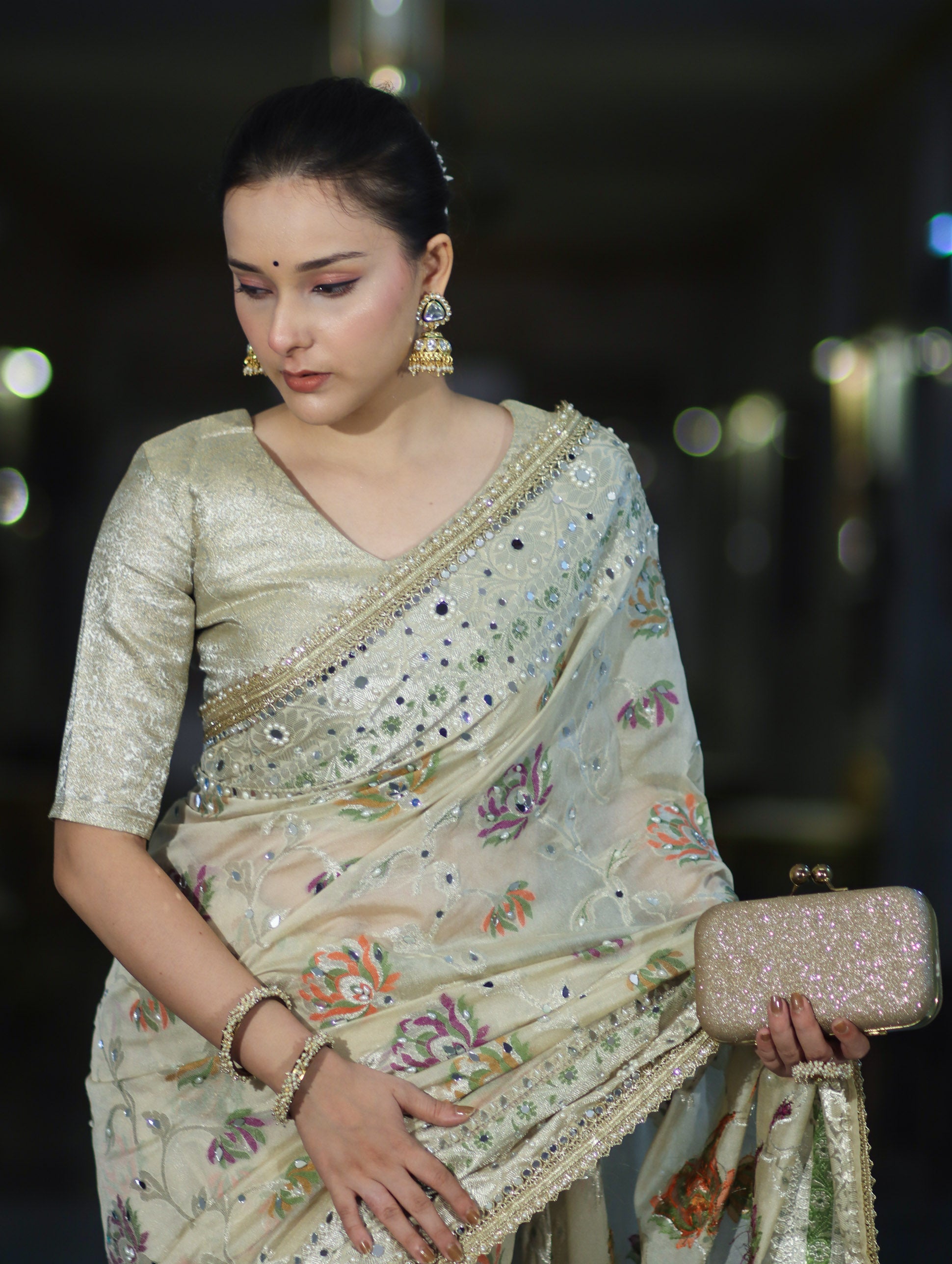 Banarasee Semi Chiffon Hand Embroidered Saree With Pearl Motifs & Resham Zari Work-Cream
