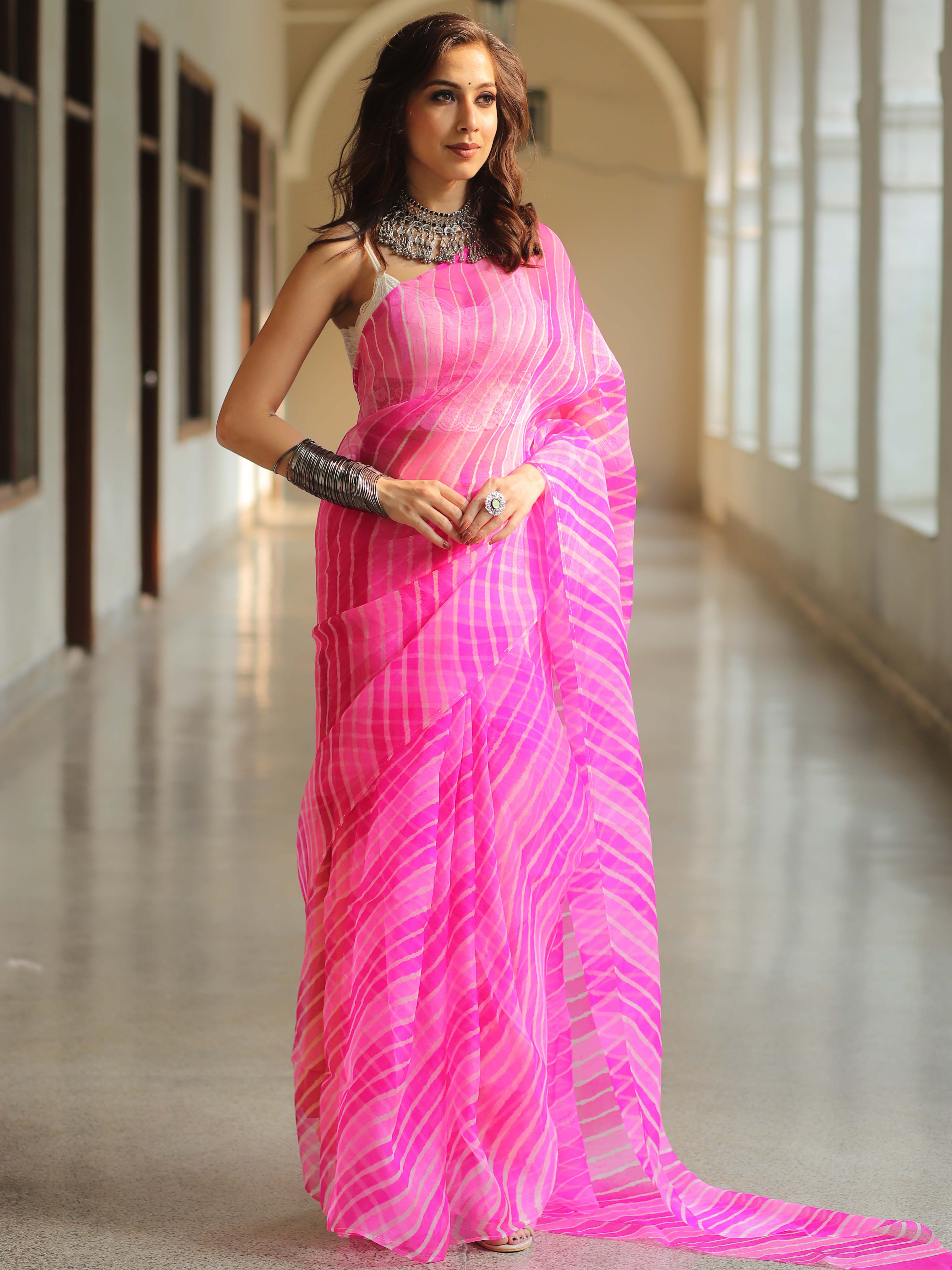 Banarasee Pure Organza Silk Hand-Dyed Leheriya Saree-Pink