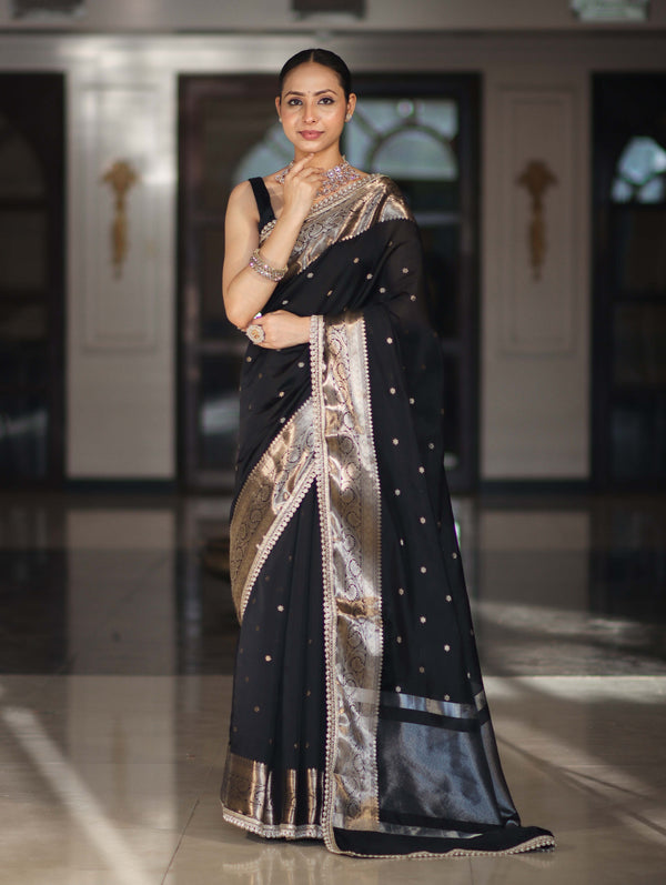 Banarasee Handloom Semi Silk Saree With Buti Design Zari Border & Lace-Black