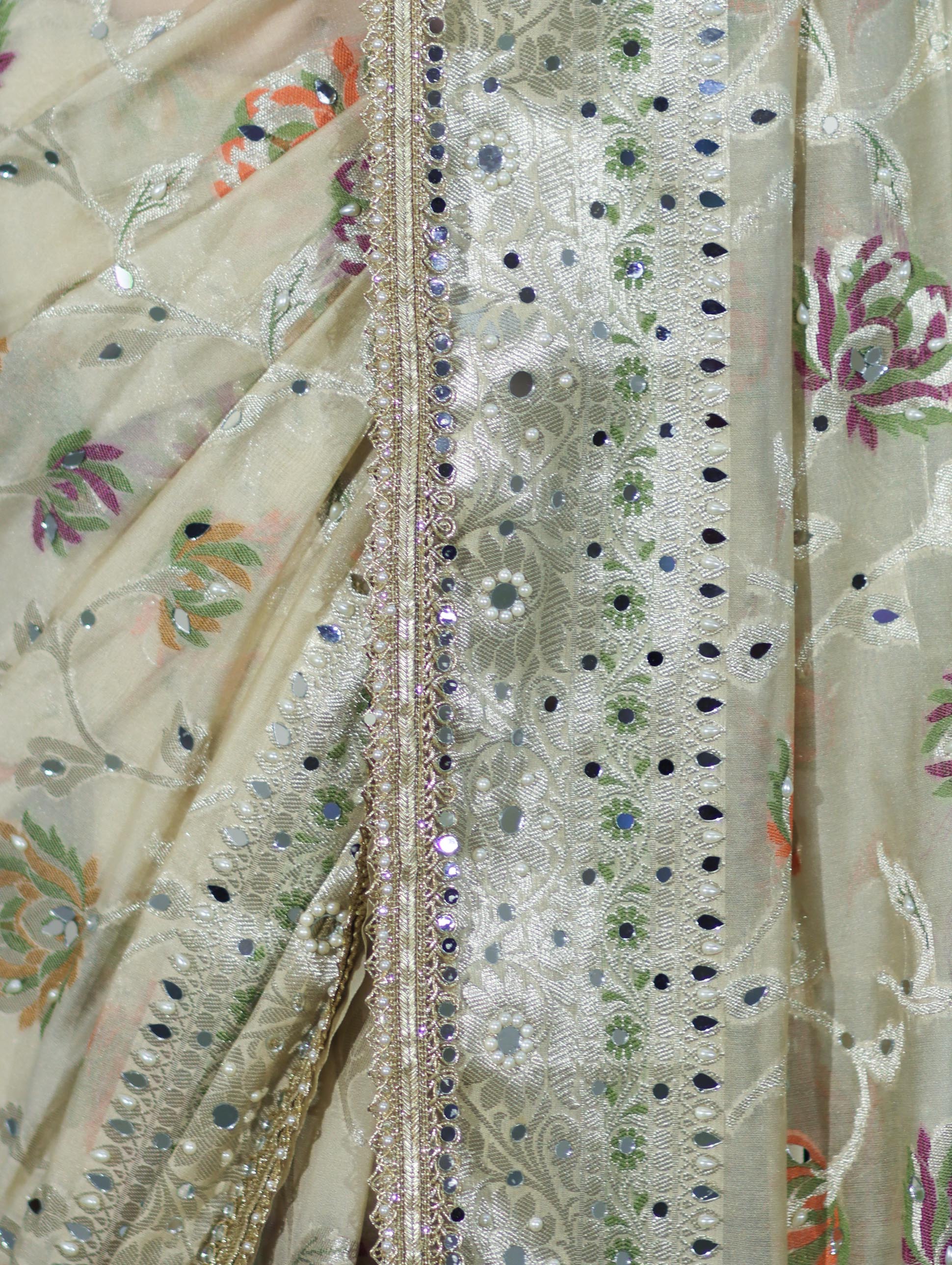 Banarasee Semi Chiffon Hand Embroidered Saree With Pearl Motifs & Resham Zari Work-Cream