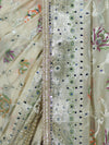 Banarasee Semi Chiffon Hand Embroidered Saree With Pearl Motifs & Resham Zari Work-Cream