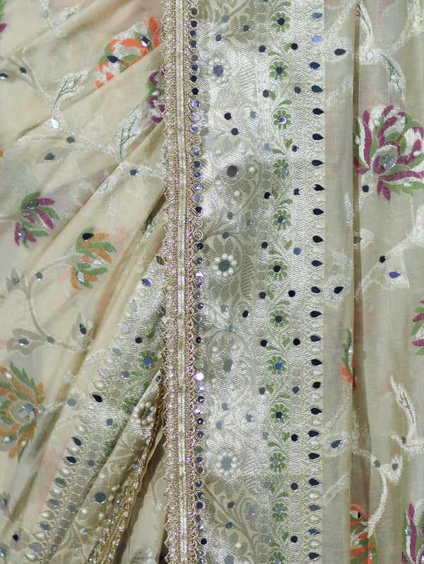 Banarasee Semi Chiffon Hand Embroidered Saree With Pearl Motifs & Resham Zari Work-Cream