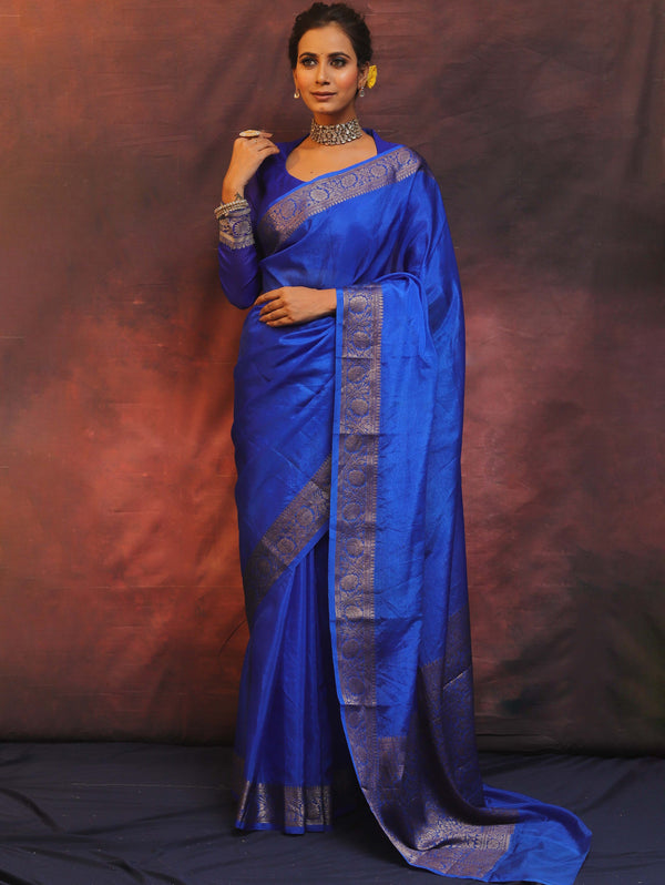 Banarasee Handwoven Semi Silk Plain Saree With Zari Border-Royal Blue