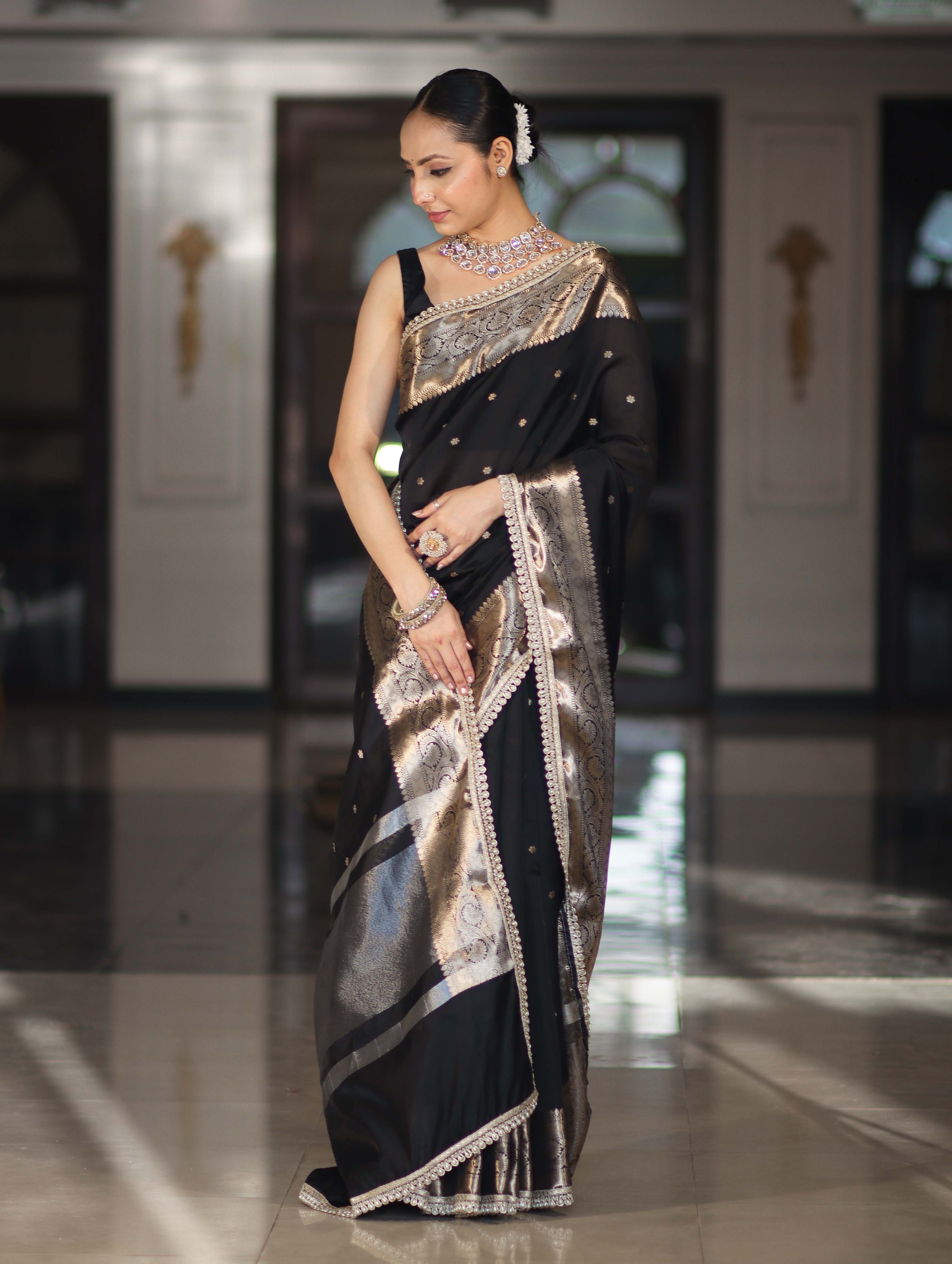 Banarasee Handloom Semi Silk Saree With Buti Design Zari Border & Lace-Black