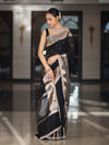 Banarasee Handloom Semi Silk Saree With Buti Design Zari Border & Lace-Black