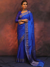 Banarasee Handwoven Semi Silk Plain Saree With Zari Border-Royal Blue