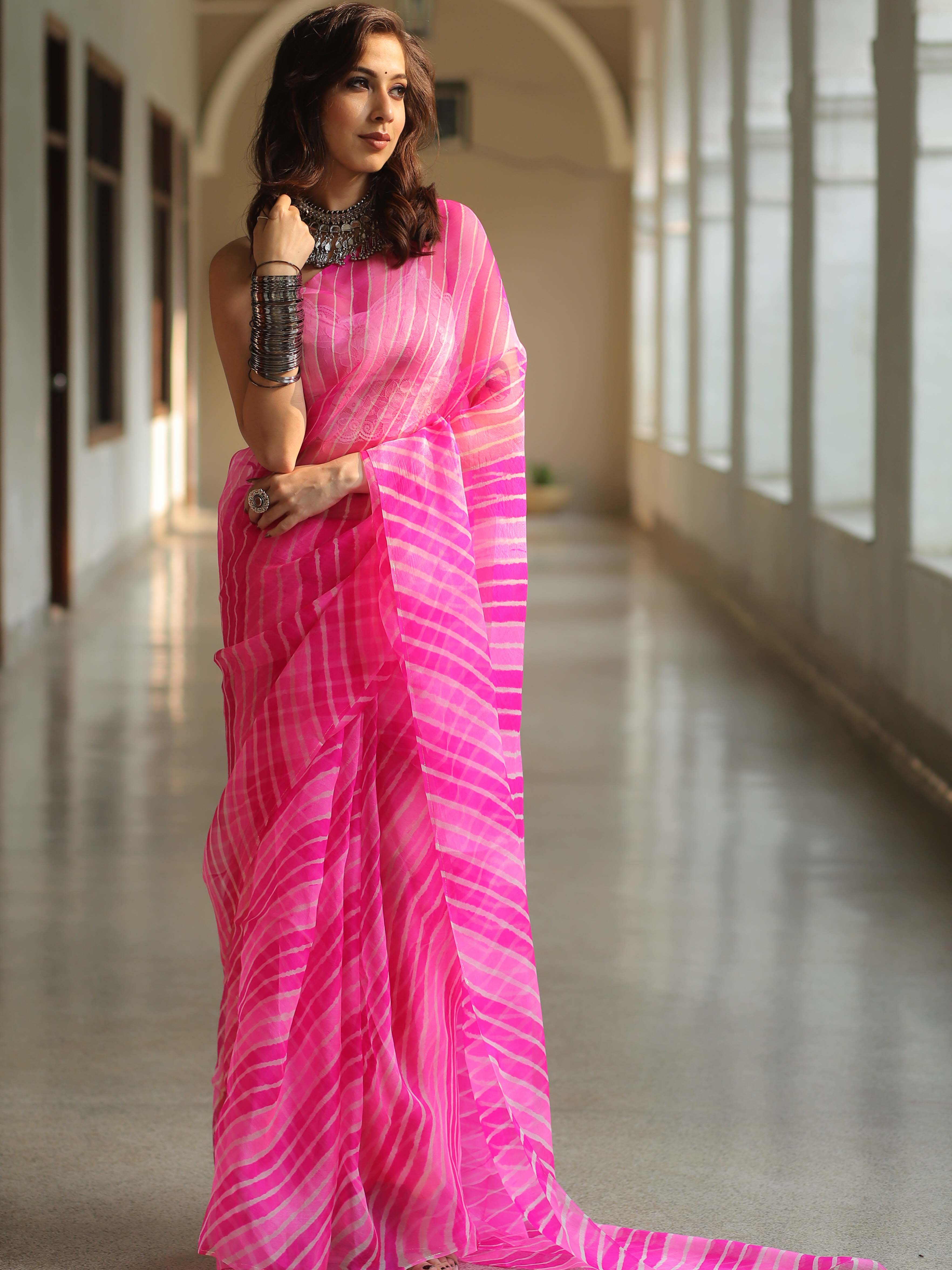Banarasee Pure Organza Silk Hand-Dyed Leheriya Saree-Pink