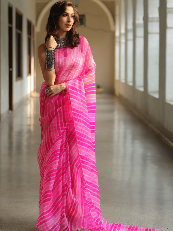 Banarasee Pure Organza Silk Hand-Dyed Leheriya Saree-Pink