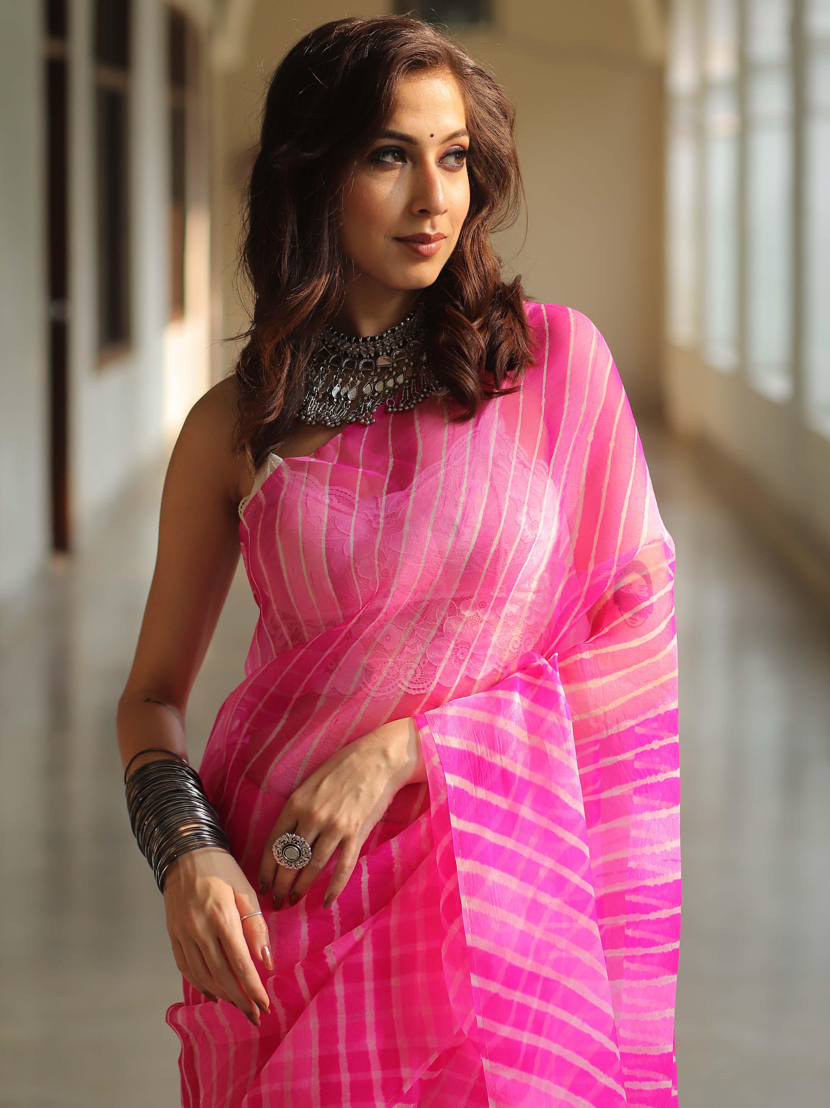 Banarasee Pure Organza Silk Hand-Dyed Leheriya Saree-Pink