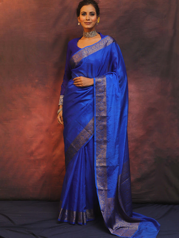 Banarasee Handwoven Semi Silk Plain Saree With Zari Border-Royal Blue