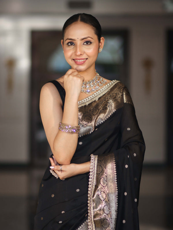 Banarasee Handloom Semi Silk Saree With Buti Design Zari Border & Lace-Black