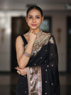 Banarasee Handloom Semi Silk Saree With Buti Design Zari Border & Lace-Black