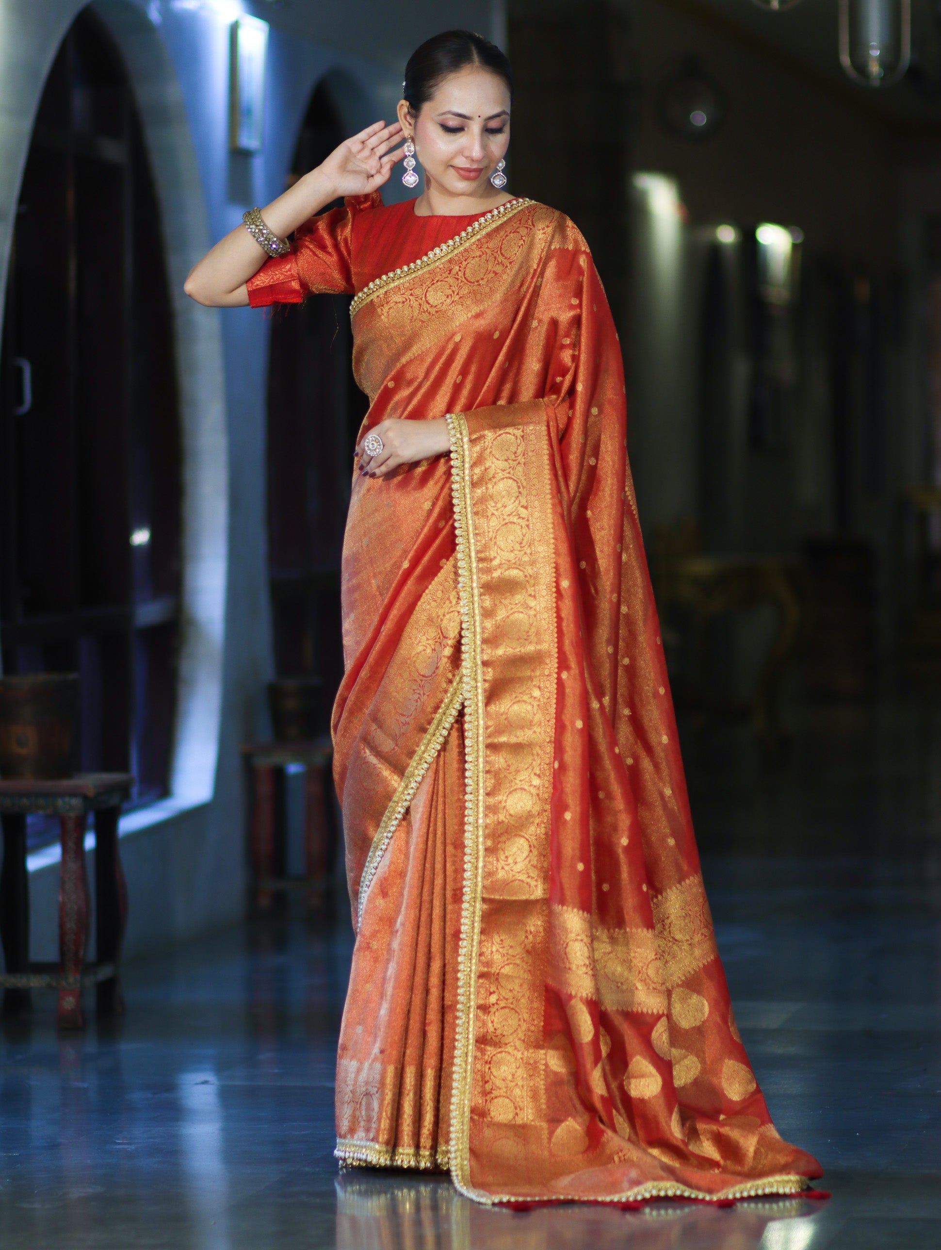 Banarasee Handloom Shimmer Silk Saree With Buti Design Floral Border & Lace-Rust Orange