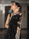 Banarasee Handloom Semi Silk Saree With Buti Design Zari Border & Lace-Black