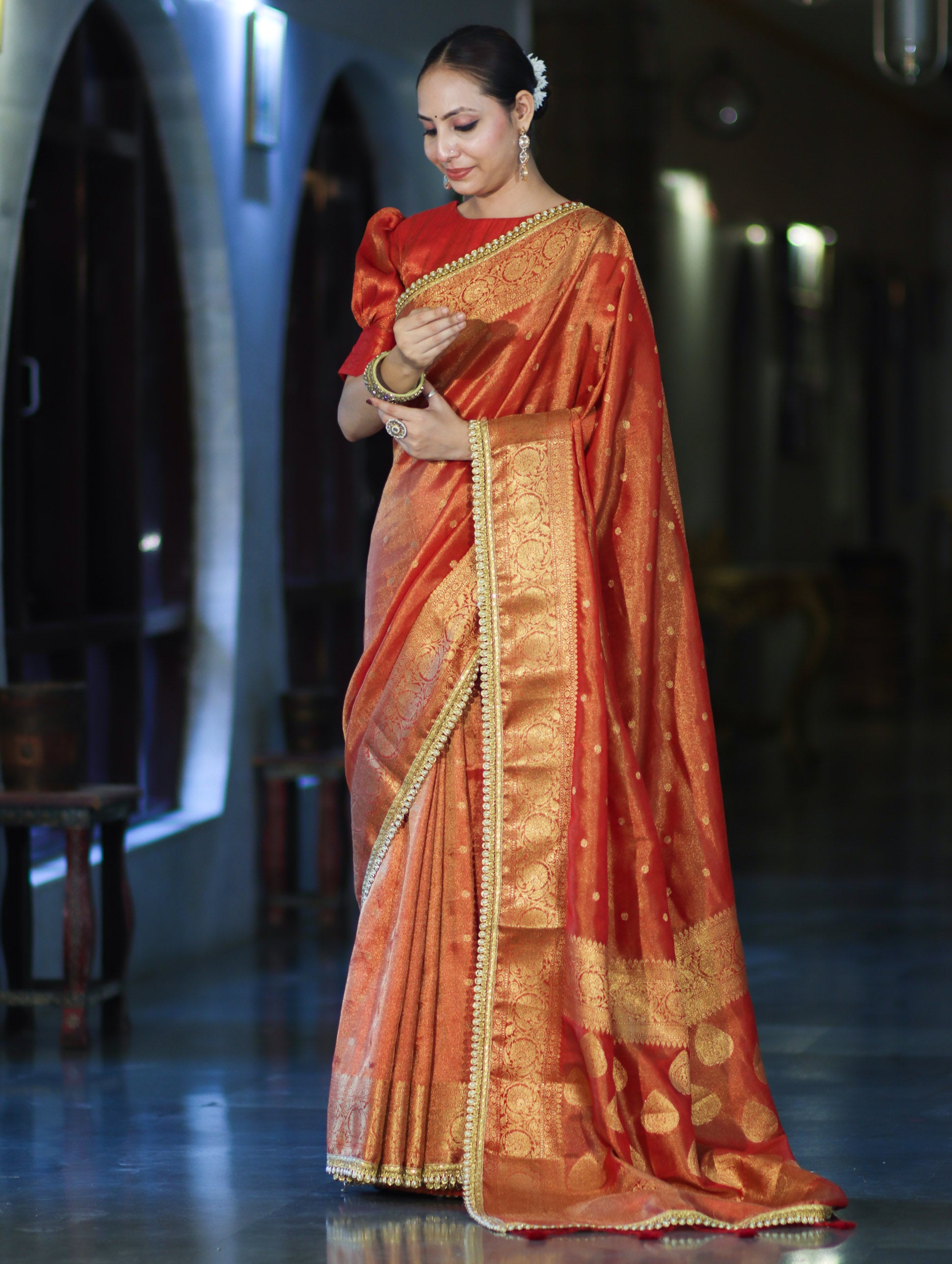 Banarasee Handloom Shimmer Silk Saree With Buti Design Floral Border & Lace-Rust Orange