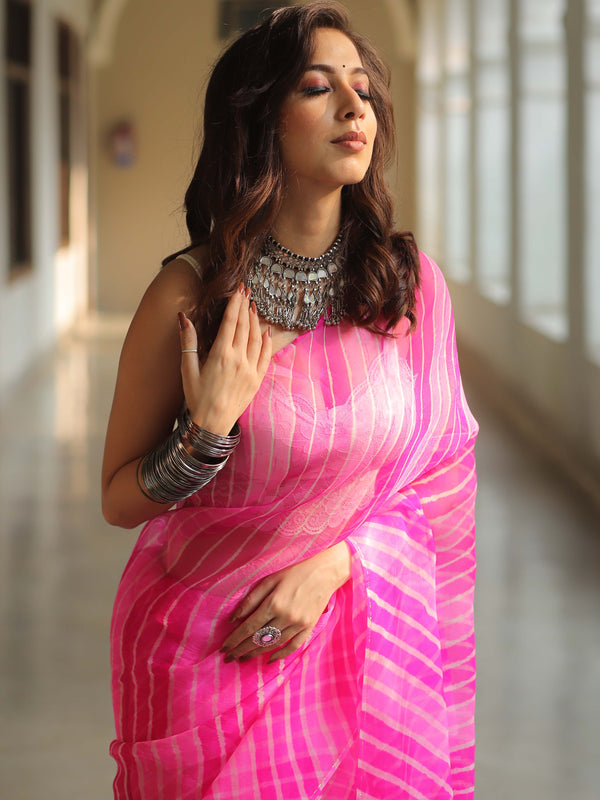 Banarasee Pure Organza Silk Hand-Dyed Leheriya Saree-Pink