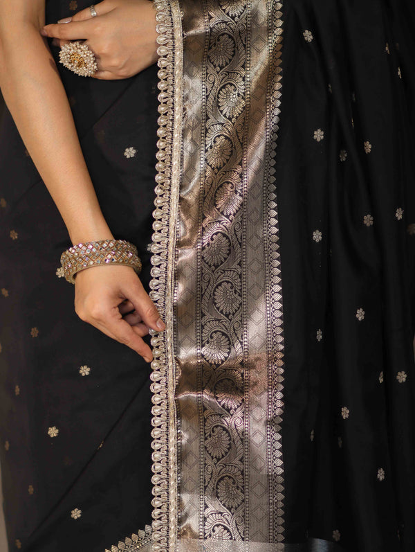 Banarasee Handloom Semi Silk Saree With Buti Design Zari Border & Lace-Black