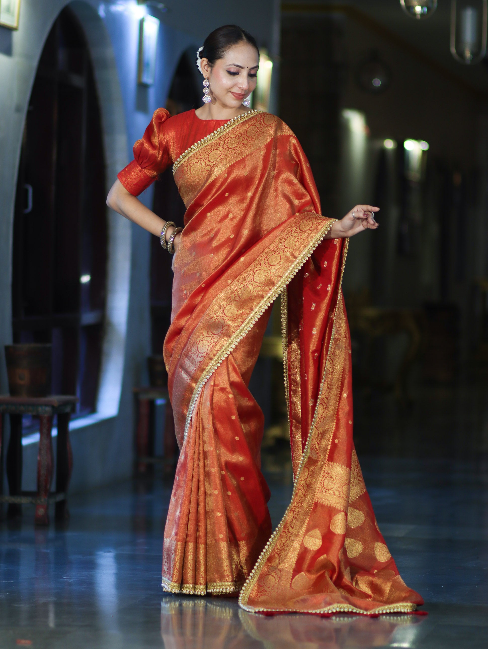 Banarasee Handloom Shimmer Silk Saree With Buti Design Floral Border & Lace-Rust Orange