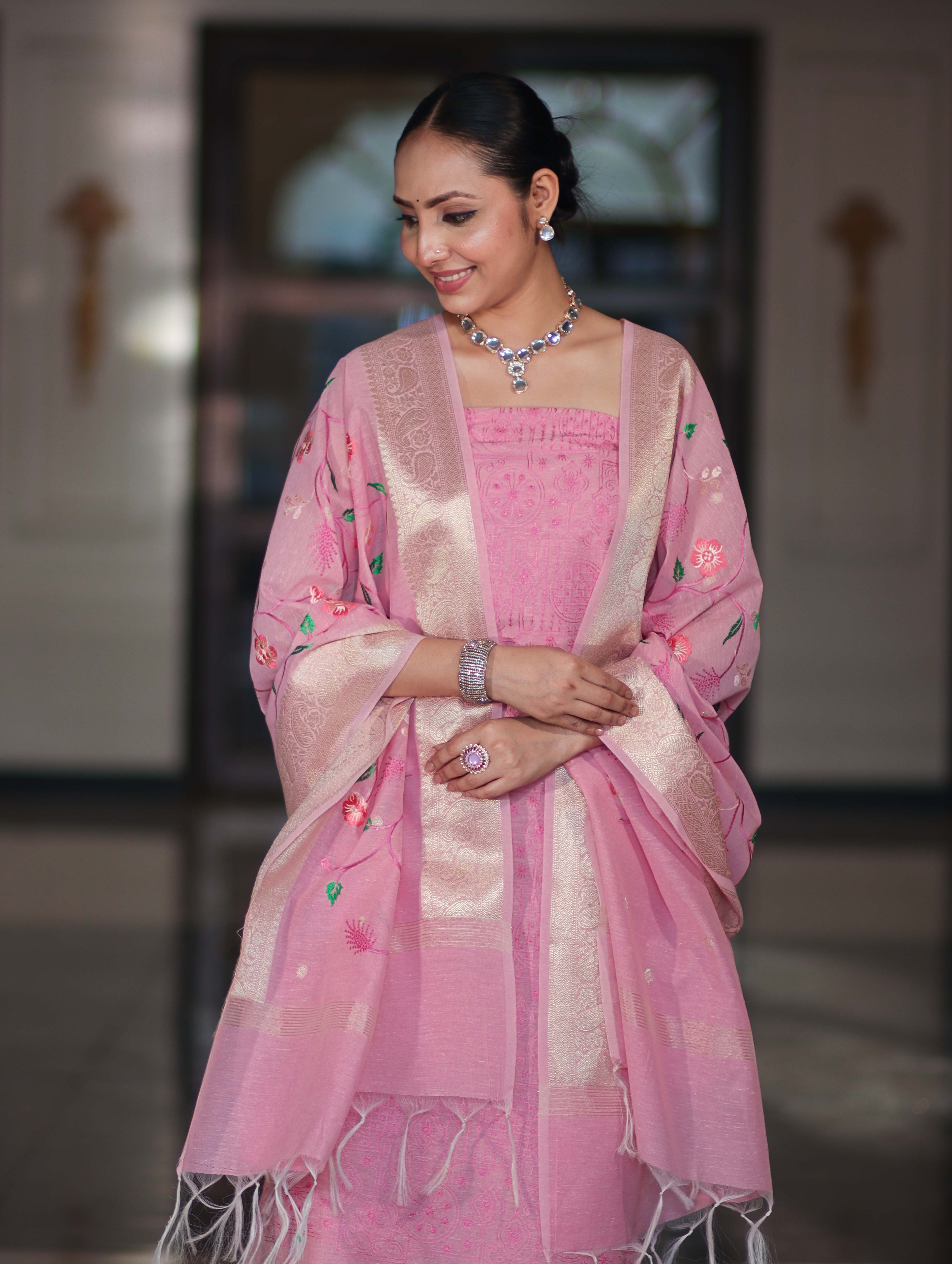 Banarasee Embroidered Linen Cotton Salwar Kameez Fabric With Dupatta Set-Light Pink