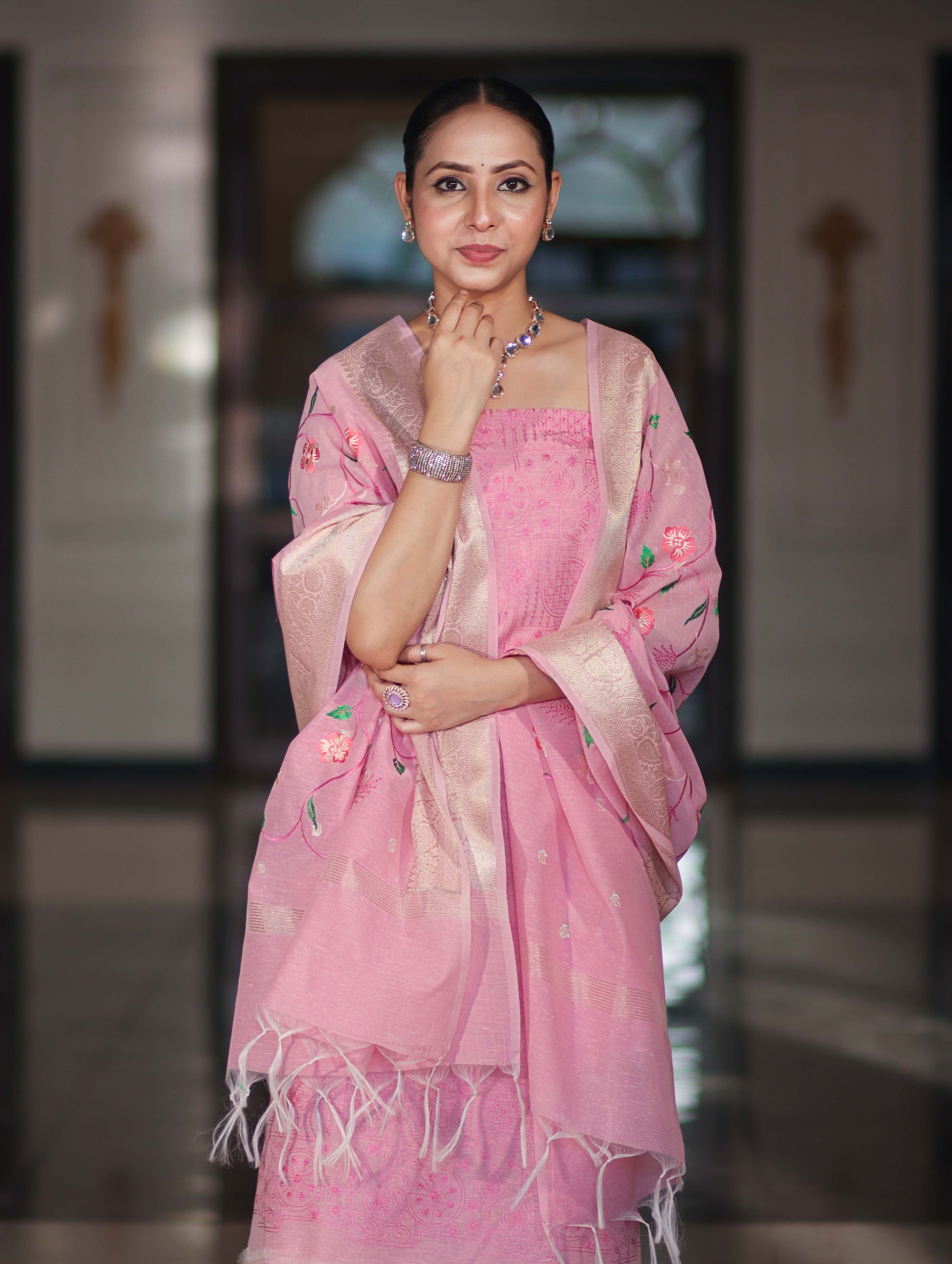 Banarasee Embroidered Linen Cotton Salwar Kameez Fabric With Dupatta Set-Light Pink