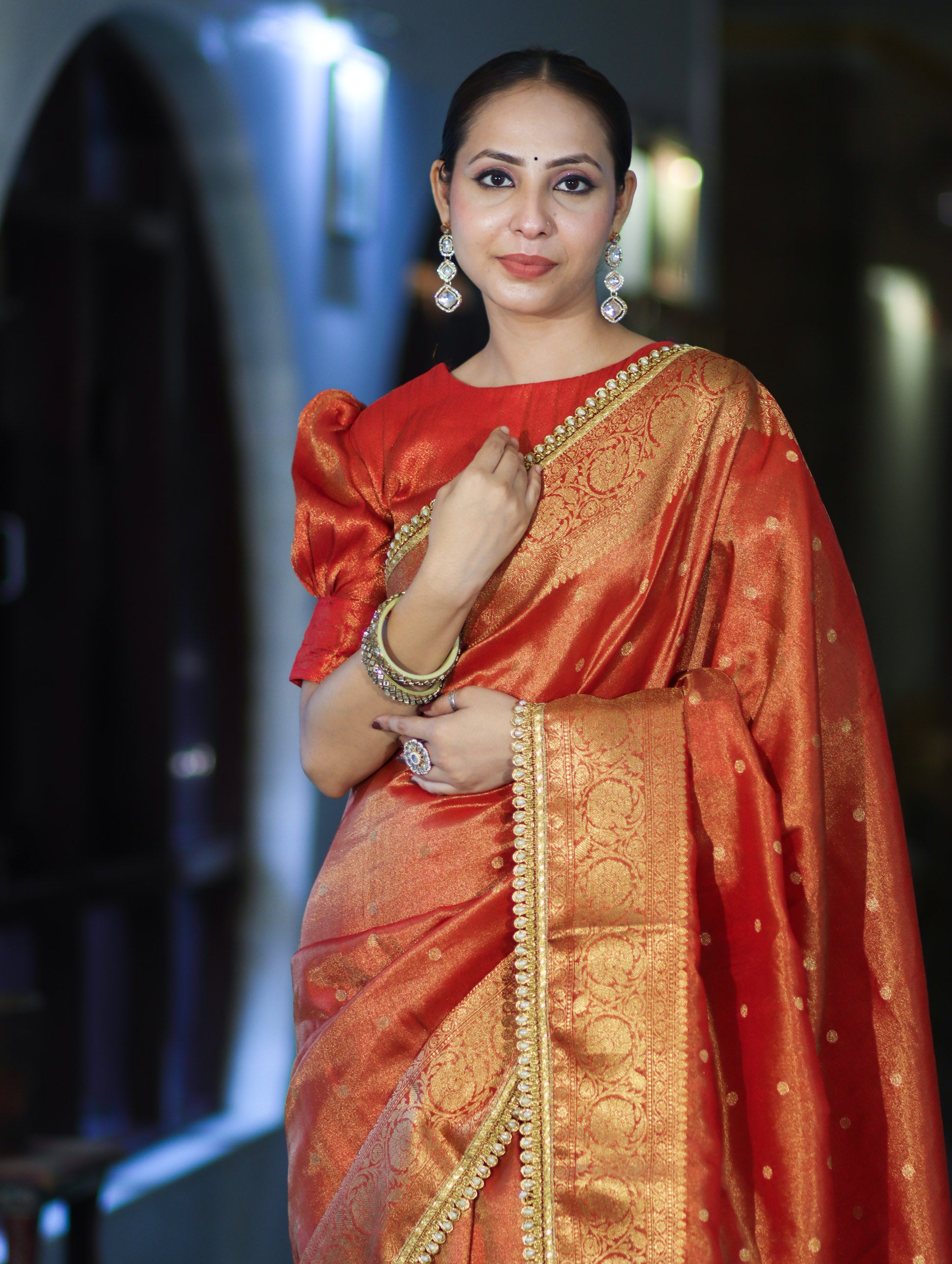 Banarasee Handloom Shimmer Silk Saree With Buti Design Floral Border & Lace-Rust Orange