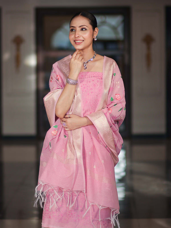 Banarasee Embroidered Linen Cotton Salwar Kameez Fabric With Dupatta Set-Light Pink
